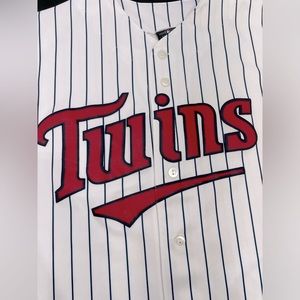 Majestic White and Red Twins Jersey with Black Stripes